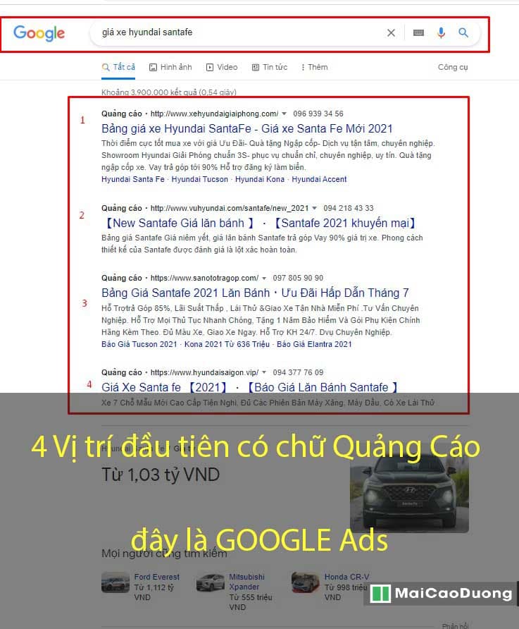 4 vị trí quảng cáo google ads